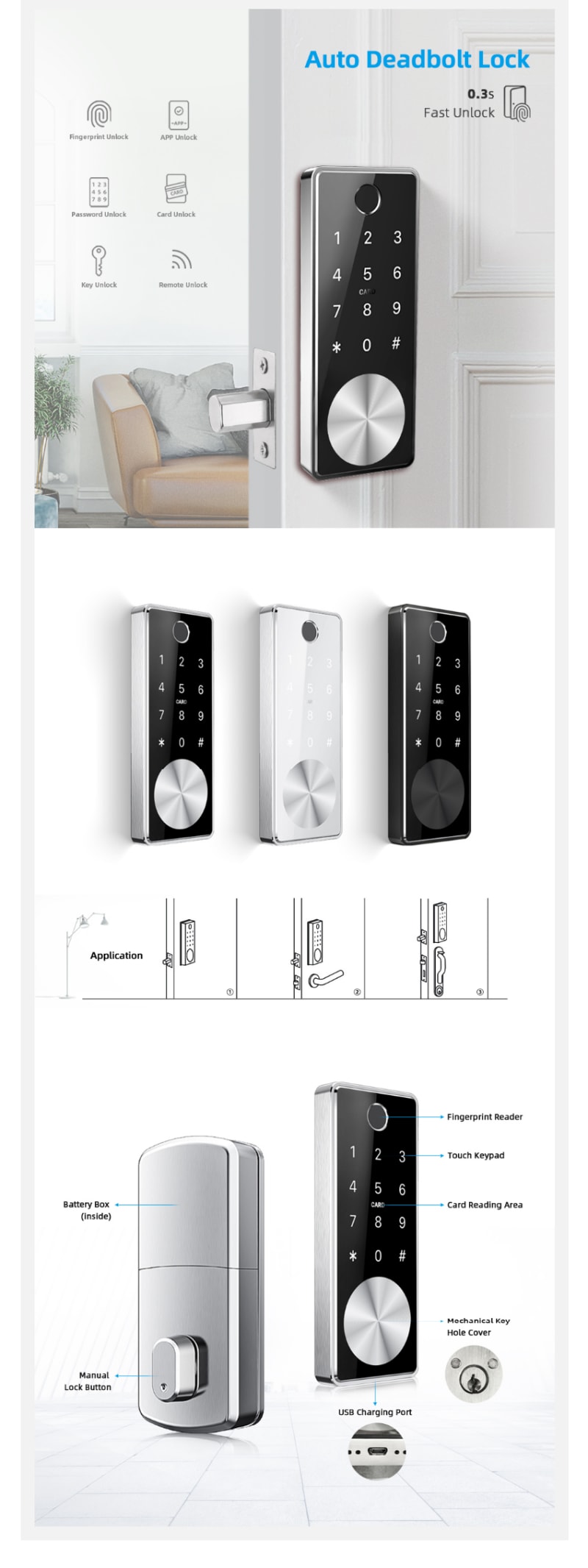 Auslock T11B Deadbolt Series Smart Fingerprint Door Lock - Silver infographic