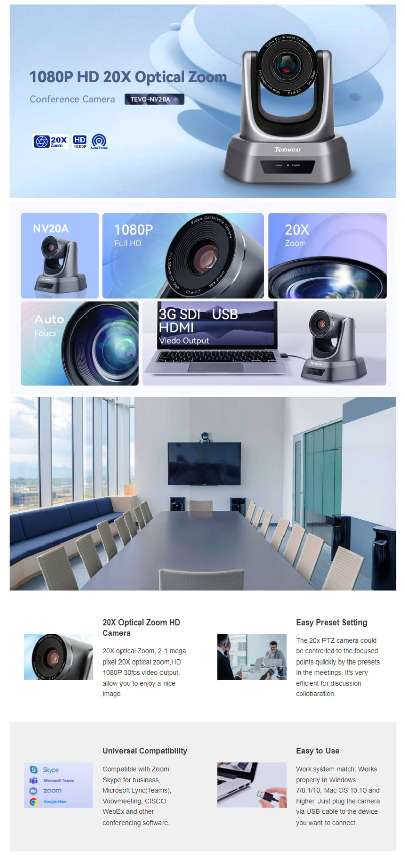 Tenveo NV20A 20x Optical Zoom 2.10MP Webcam infographic