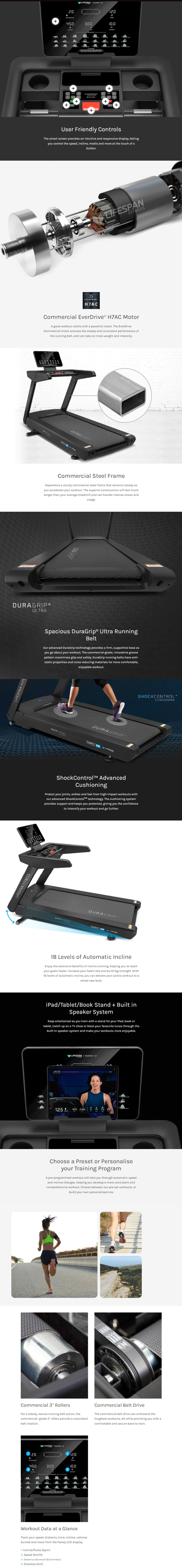 Lifespan Fitness Tempest CR Commercial Treadmill infographic
