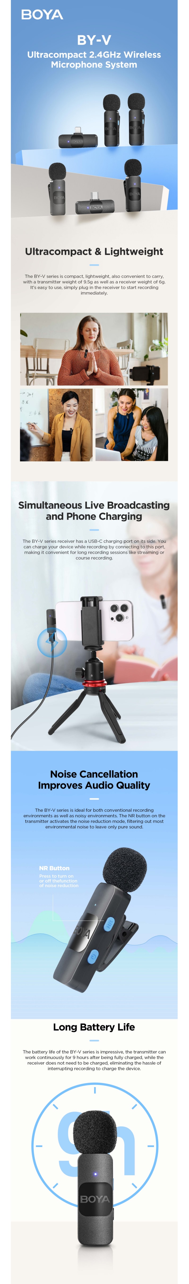 Boya BY-V10 Wireless Lavalier Microphone For Android USB-C Smartphone infographic