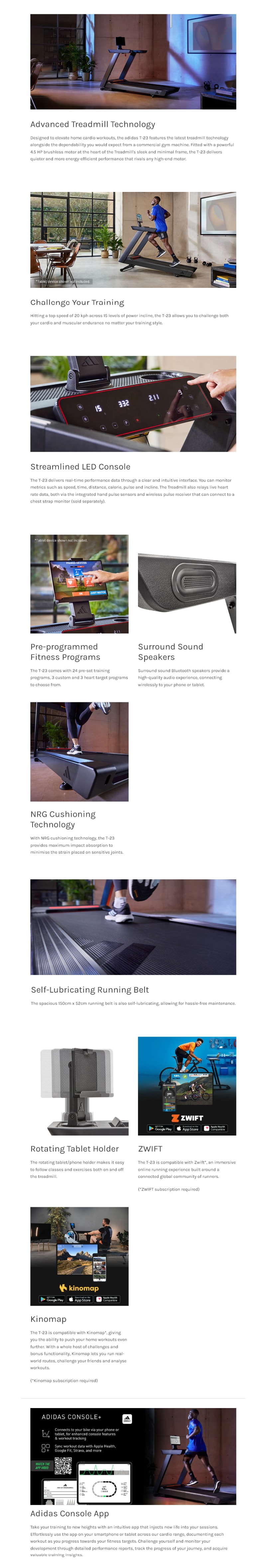 Adidas T-23 Treadmill with Zwift & Kinomap infographic
