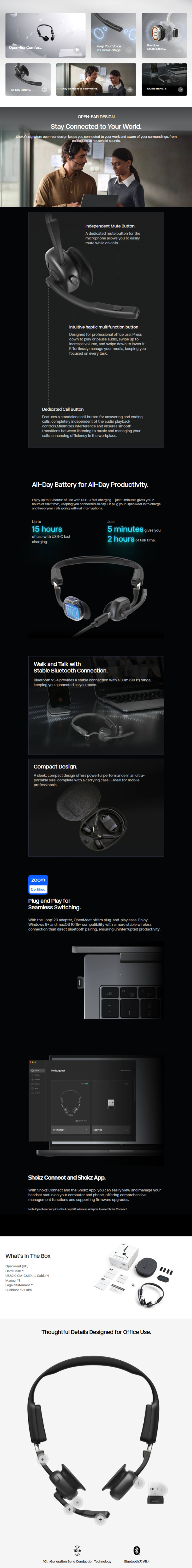 Shokz OpenMeet Wireless Bone Conduction Headset infographic
