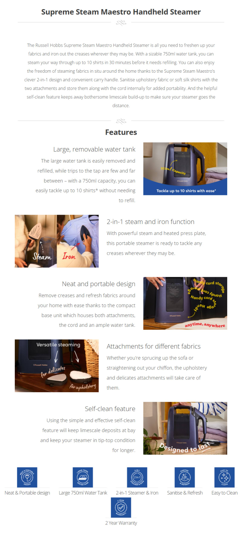 Russell Hobbs Supreme Steam Maestro Handheld Steamer infographic