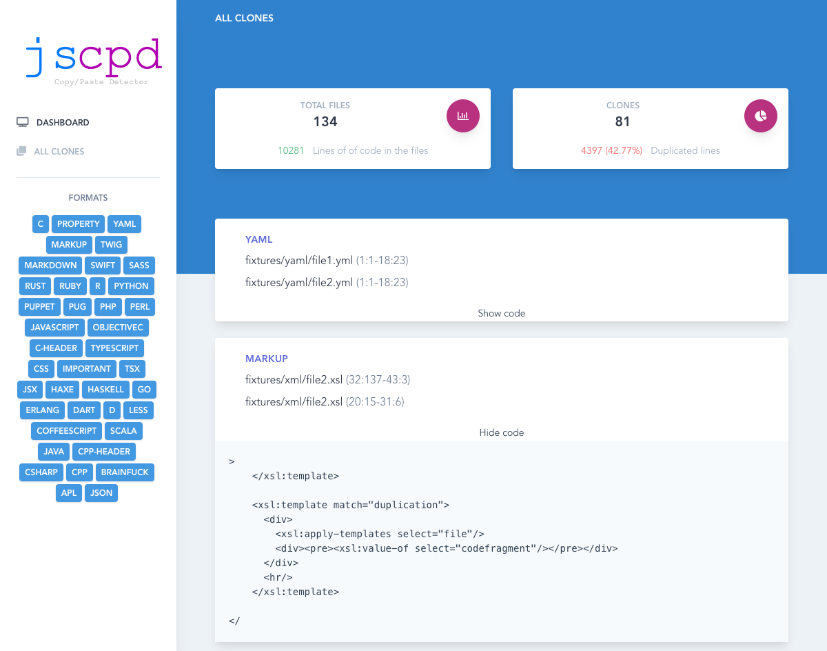jscpd report screenshot