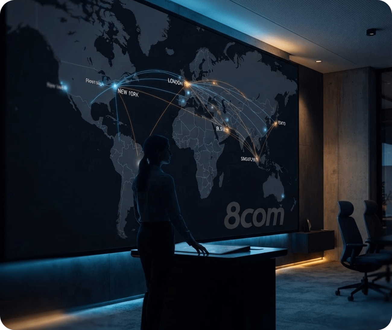 8COM team collaborating in a global strategy room