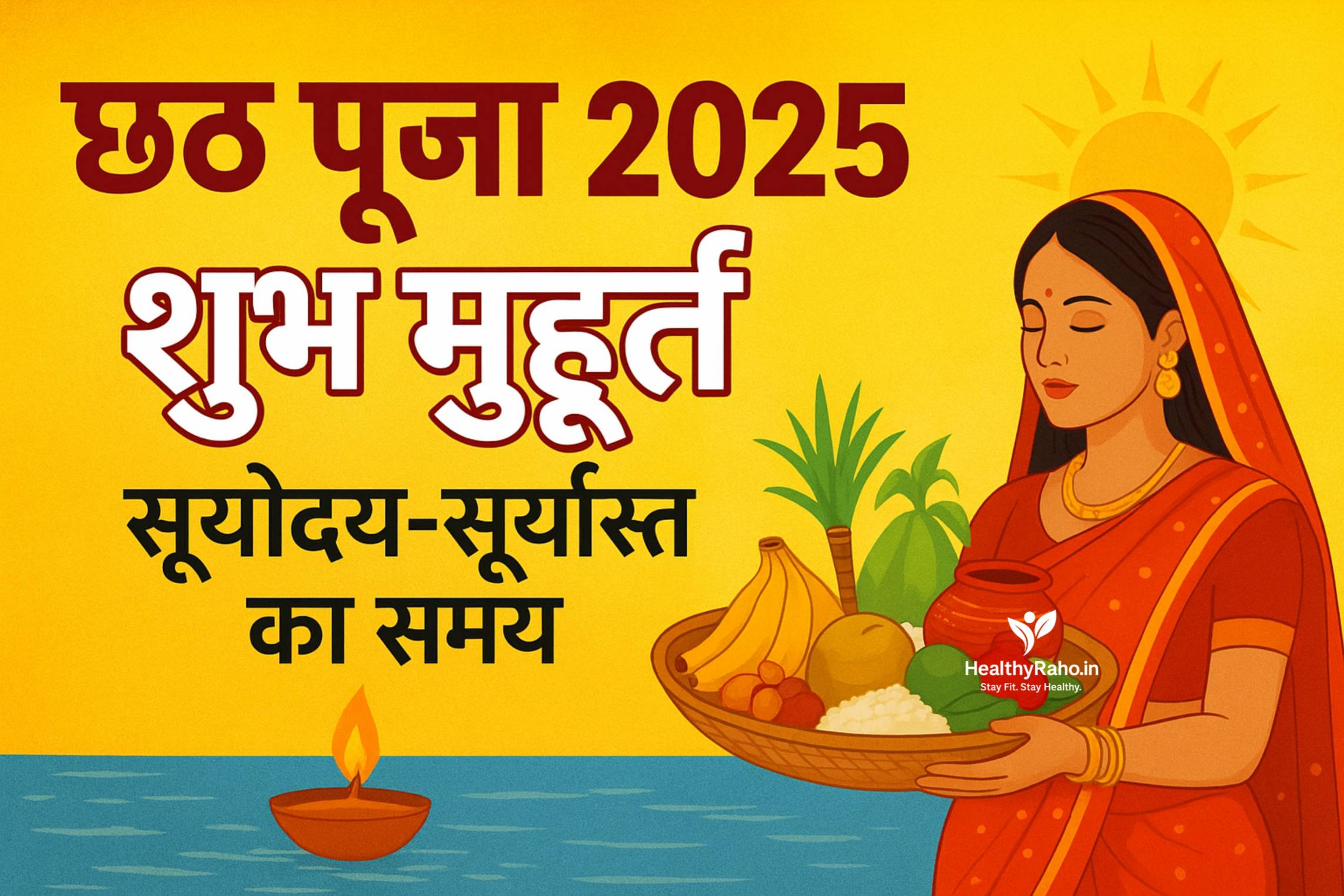 छठ पूजा 2025: शुभ मुहूर्त, सूर्योदय-सूर्यास्त के सटीक समय और स्वास्थ्य छठ पूजा 2025 के दौरान घाट पर महिलाएं सूर्य को अर्घ्य देती हुईं, सूर्यास्त के सुंदर दृश्य के साथ।