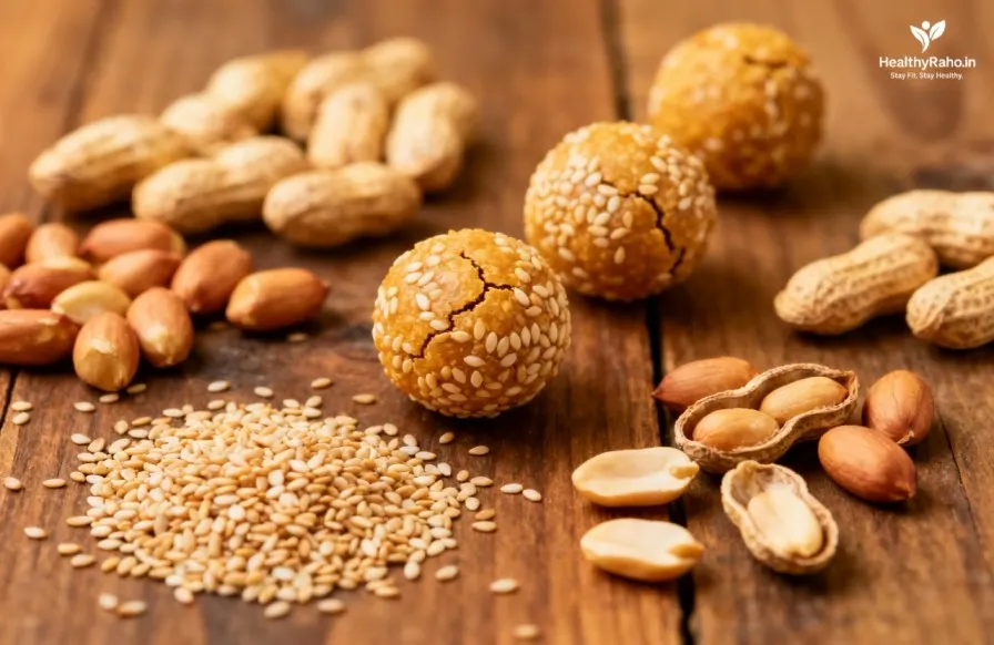 तिल, मूंगफली और तिल के लड्डू