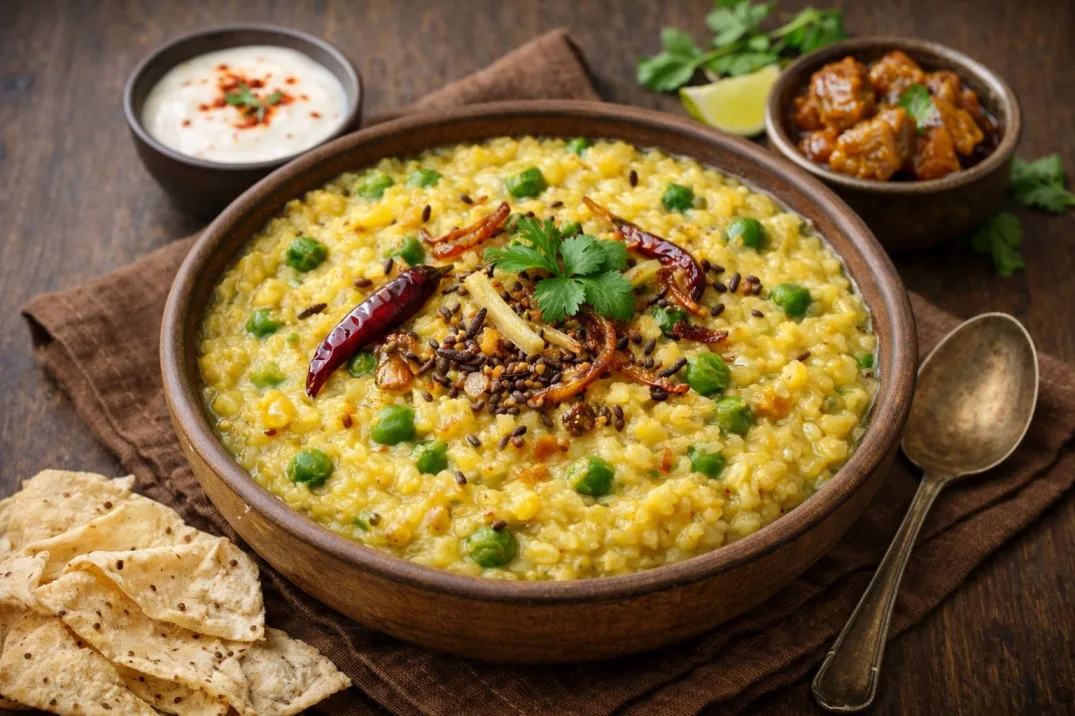 Moong dal khichdi with yogurt and pickles - Healthyraho.in