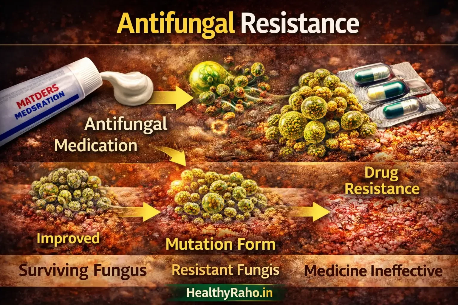 Antifungal resistance infographic showing fungus mutation, drug resistance development and ineffective treatment in skin infection