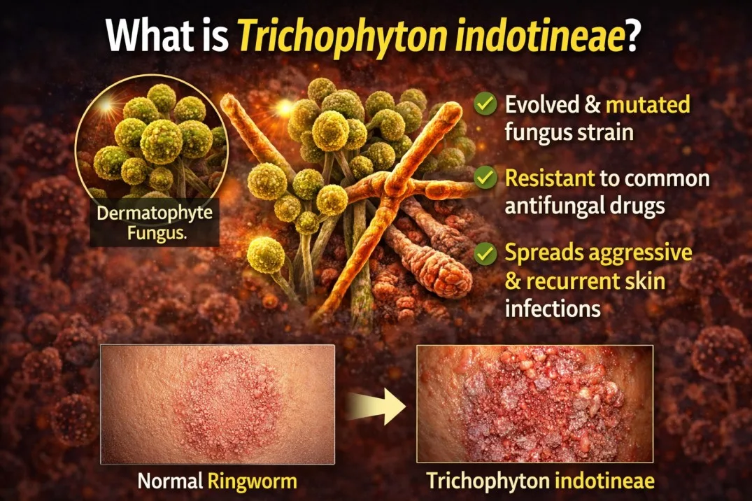 Trichophyton indotineae fungus infographic showing dermatophyte structure and resistant skin infection comparison