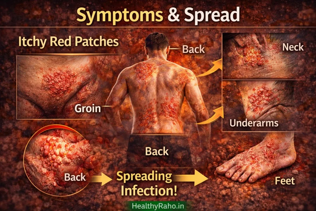Skin fungus symptoms showing itchy red patches spreading across body including groin back neck underarms and feet infection areas