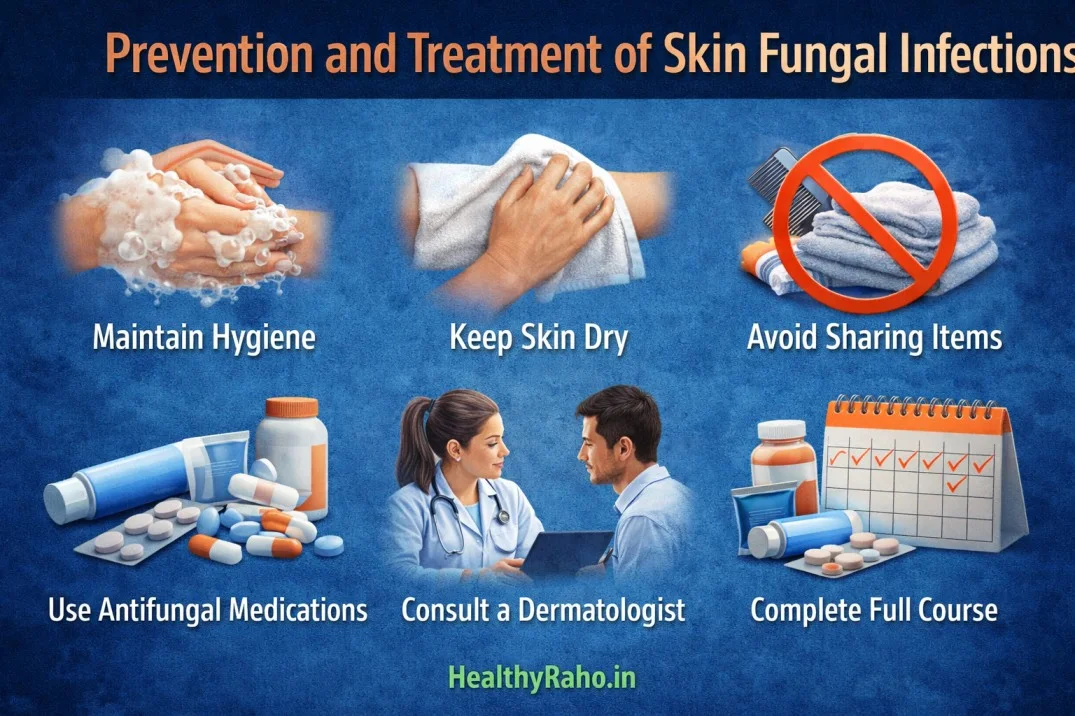Skin fungal infection prevention and treatment infographic showing hygiene dry skin antifungal medicines dermatologist consultation and full treatment course
