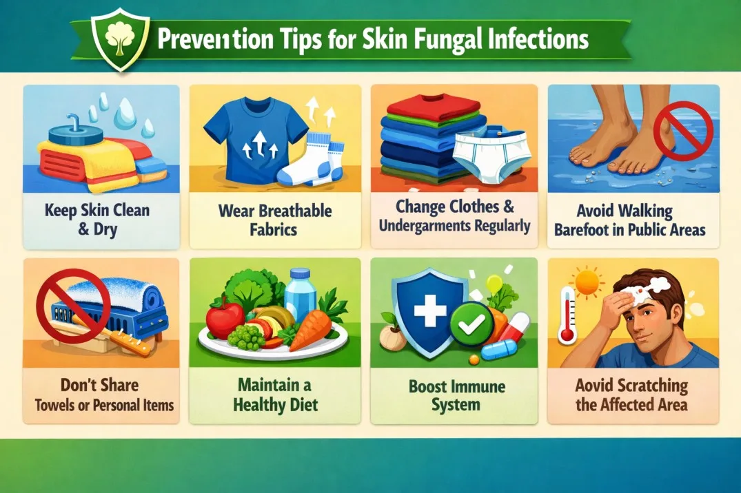 Skin fungal infection prevention tips infographic showing hygiene breathable clothes no sharing items healthy diet and immune system support