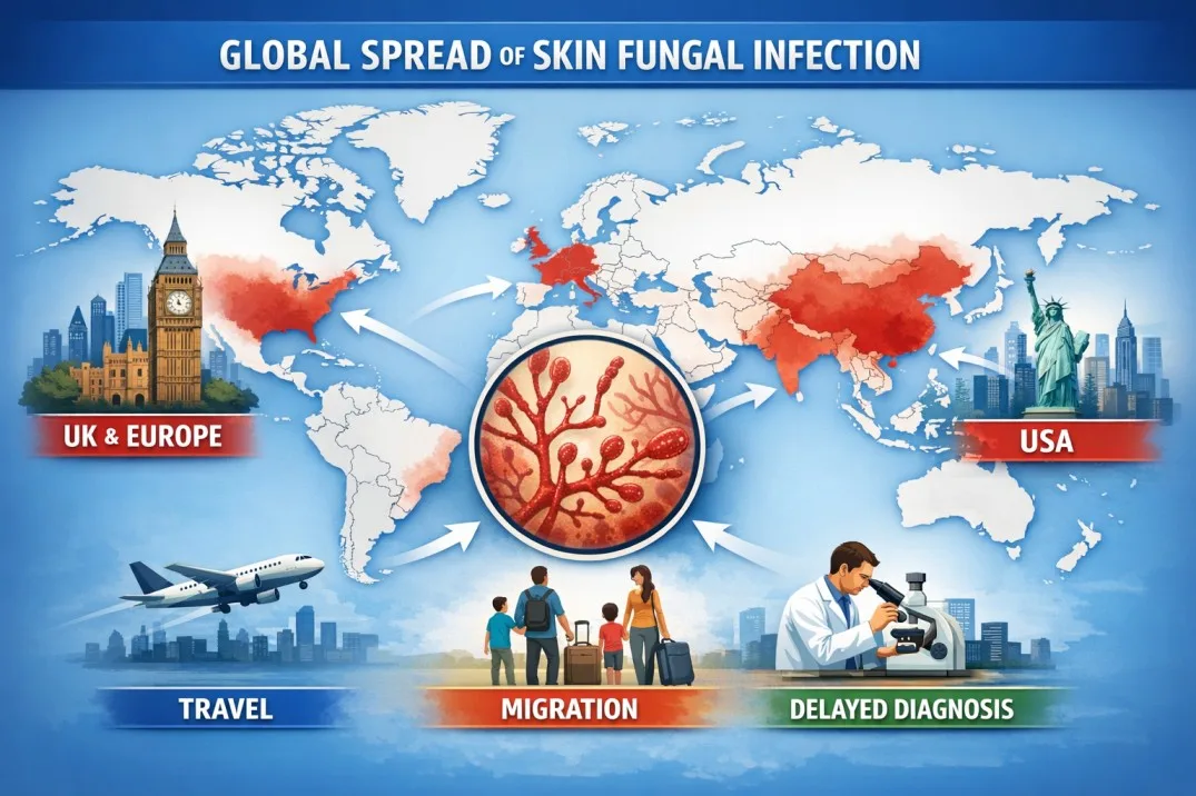 Global spread of Trichophyton indotineae fungus across countries through travel and migration