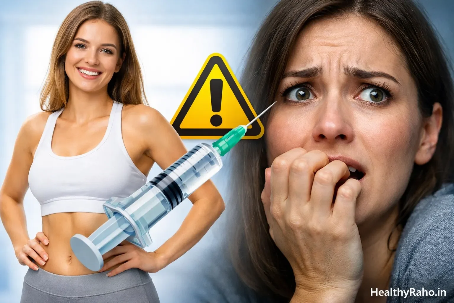 Ozempic weight loss vs risk comparison showing happy slim body on one side and worried face with injection warning on the other