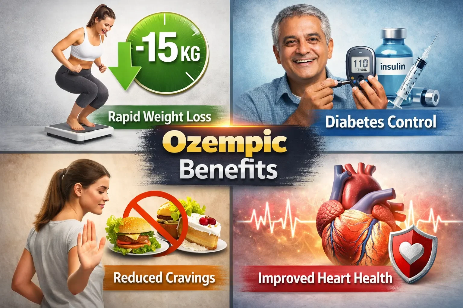 Semaglutide (Ozempic) के benefits जैसे 15kg तक weight loss, blood sugar control, reduced appetite और बेहतर heart health को दर्शाने वाला visua