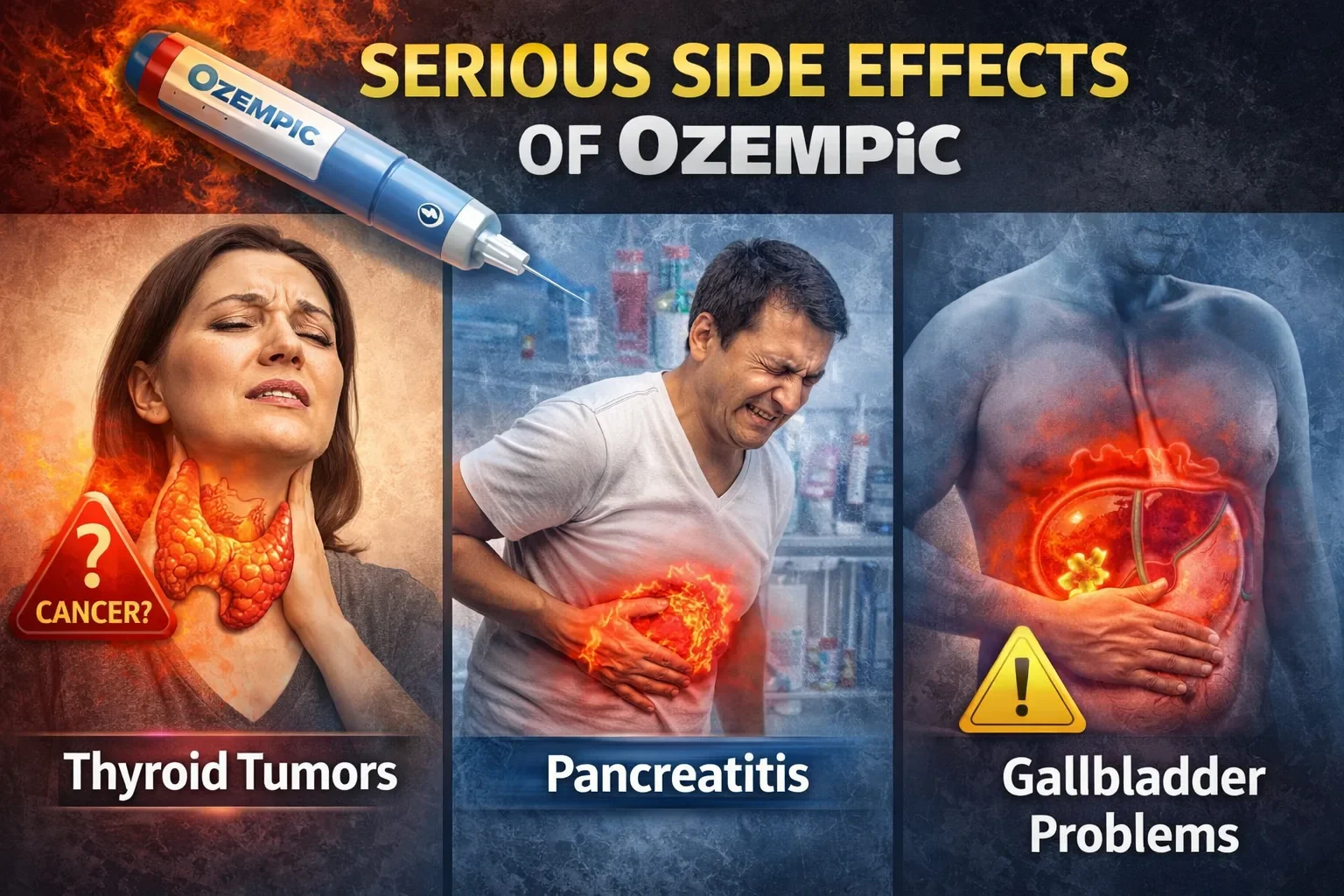 Ozempic risks infographic highlighting dangerous side effects like thyroid issues, pancreas inflammation, and gallbladder complications