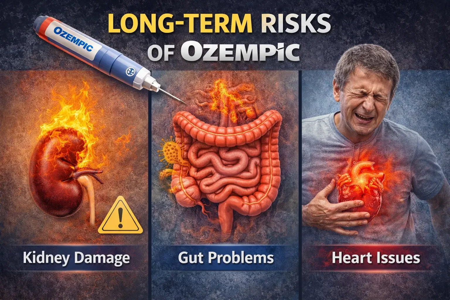 Ozempic long-term side effects infographic highlighting risks like kidney failure, digestive issues, and cardiovascular problems