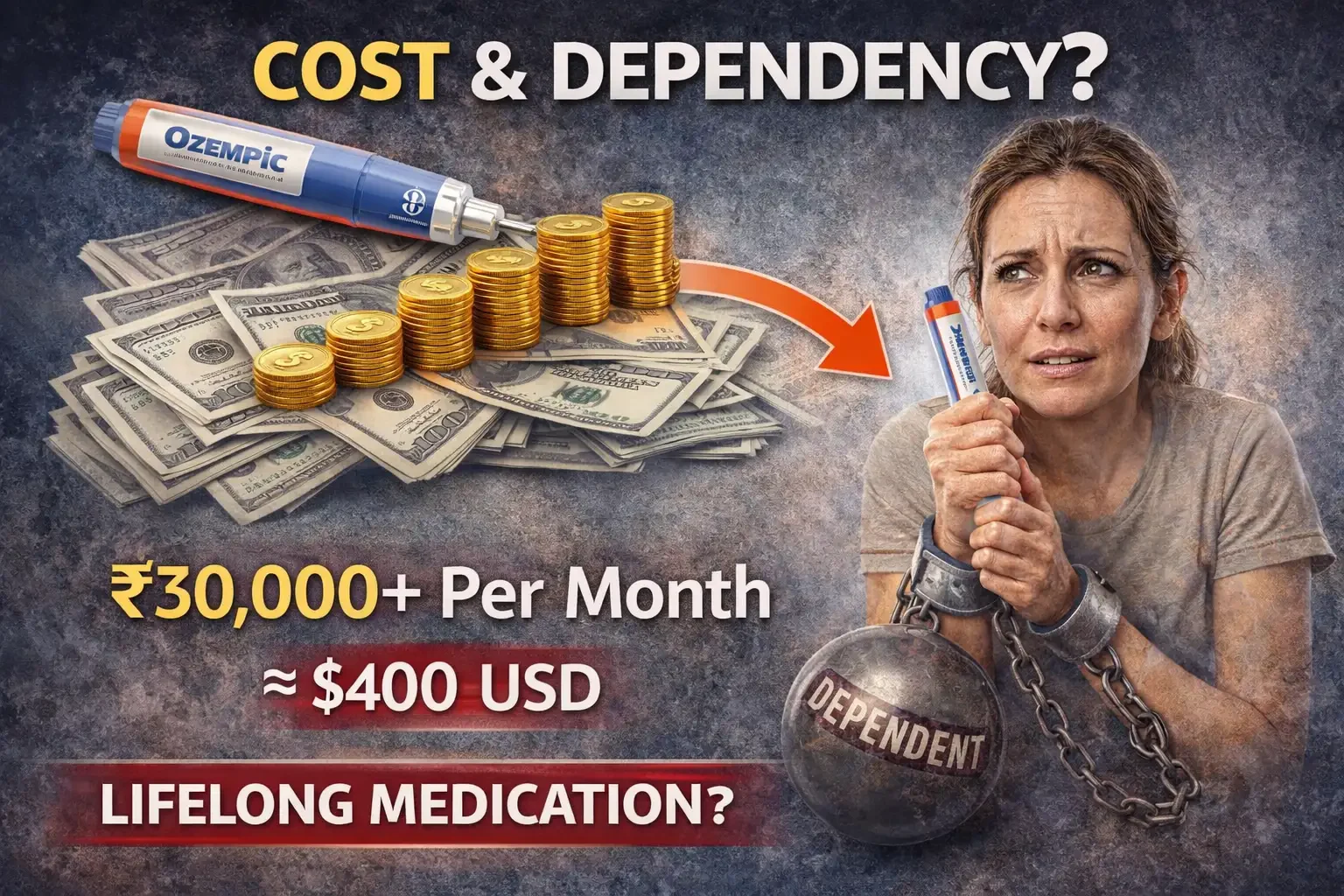 Financial burden and dependency risk of Ozempic with visuals of high cost, repeated usage, and long-term medication concerns