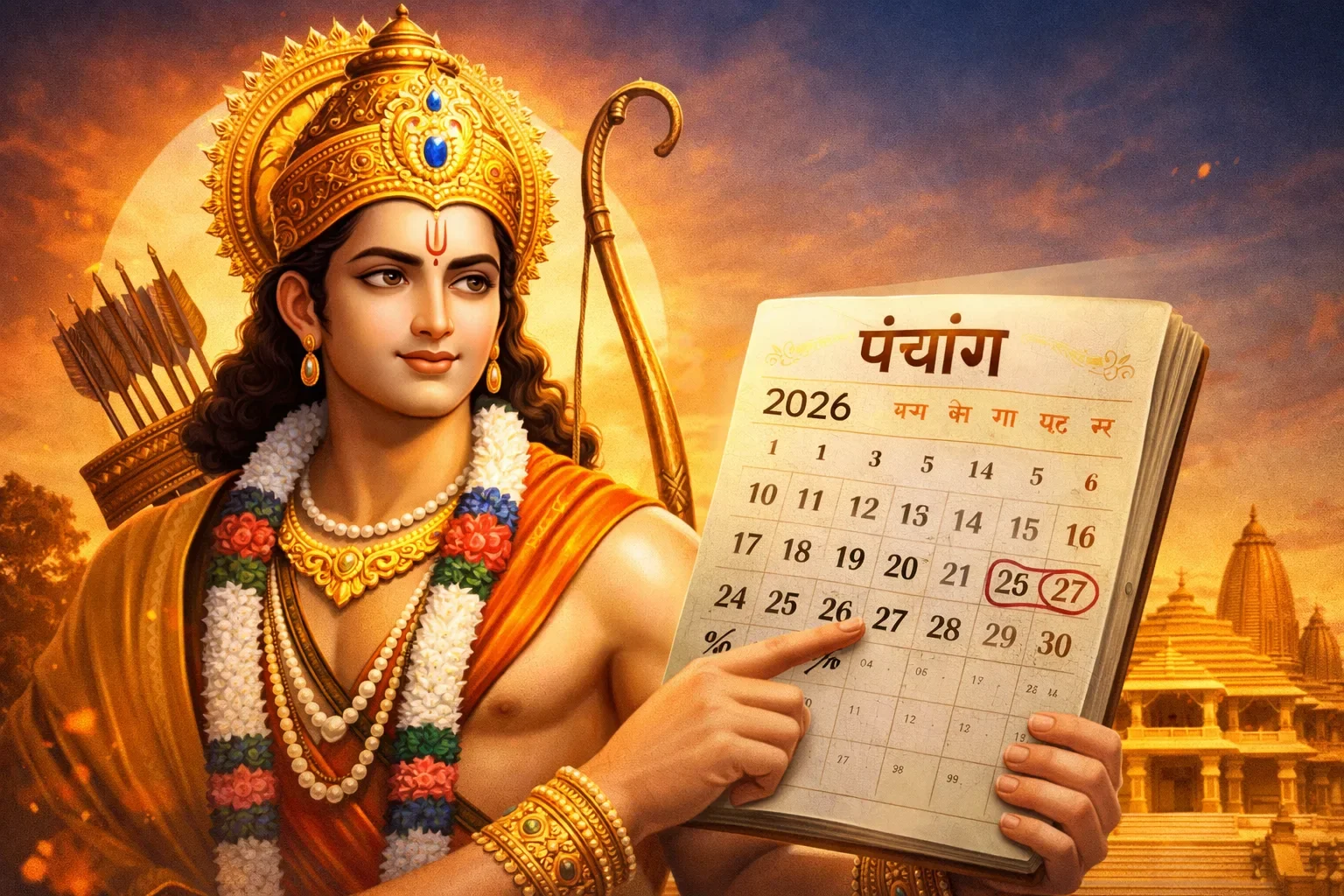 भगवान राम पंचांग के साथ 2026 की तारीख दिखाते हुए, रामनवमी 26 या 27 मार्च के कन्फ्यूजन को दर्शाता हुआ धार्मिक डिजिटल चित्र