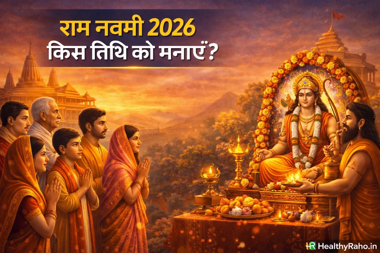 रामनवमी 2026 में सही तिथि को लेकर कन्फ्यूजन दिखाता हुआ दृश्य, भगवान राम की पूजा करते भक्त और मंदिर के साथ धार्मिक वातावरण