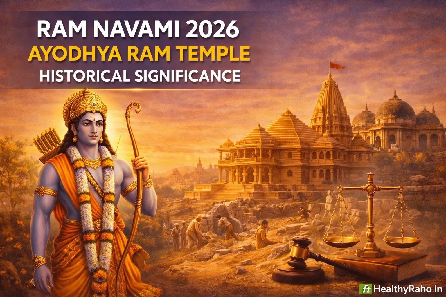 Lord Ram with Ayodhya Ram Temple in the background showing historical and spiritual significance of Ram Navami 2026 with symbolic justice elements