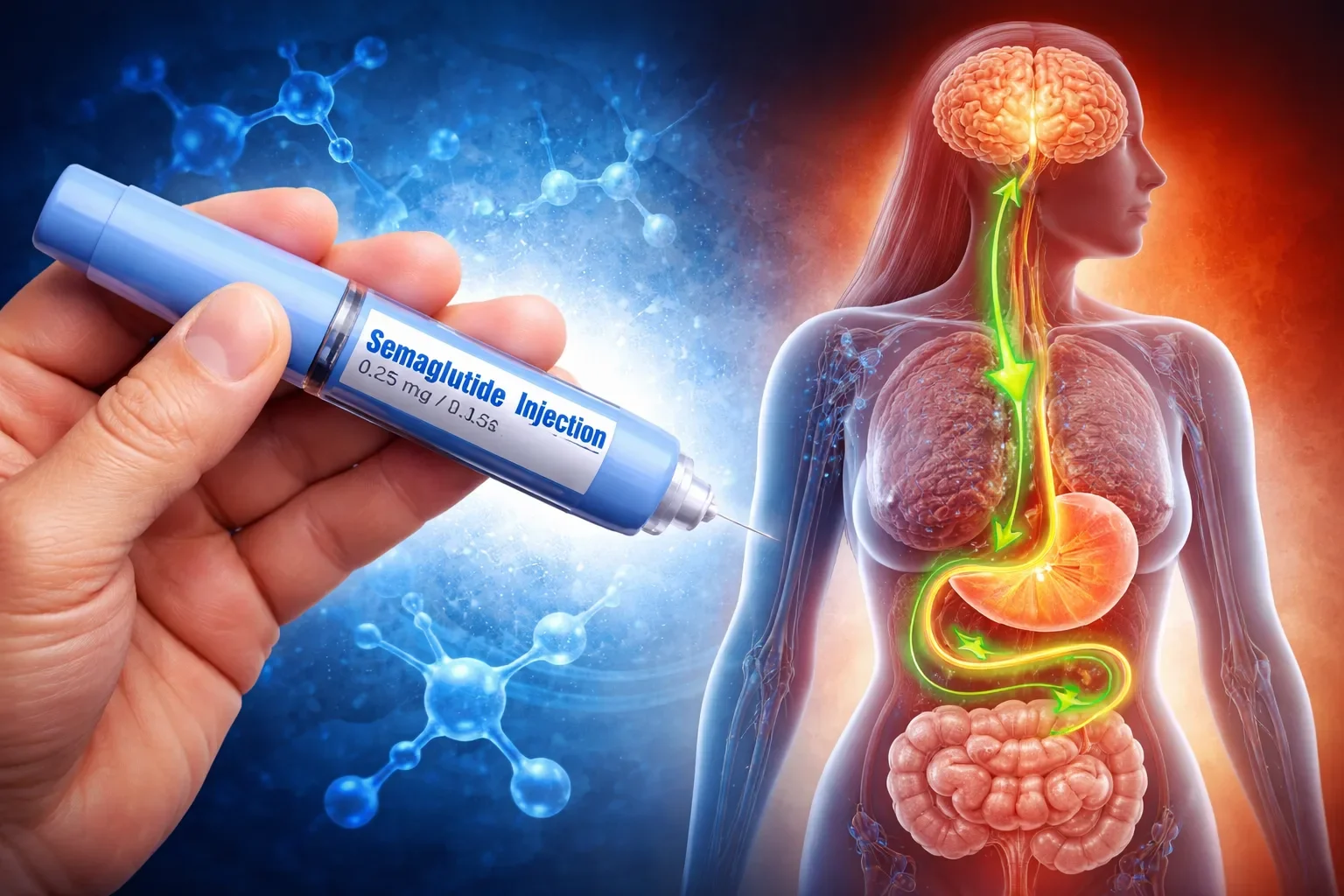 Semaglutide injection showing how it affects brain hunger signals and slows digestion in the human body for weight loss and blood sugar control