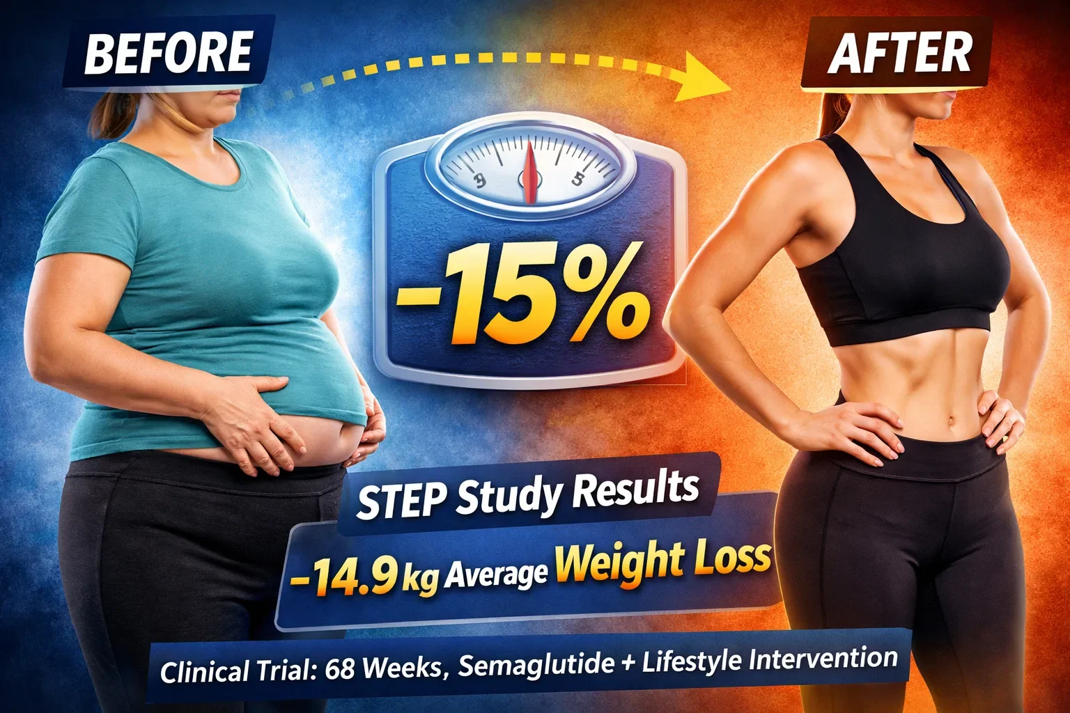 Semaglutide weight loss before and after transformation showing 15 percent fat reduction based on STEP clinical trial results over 68 weeks