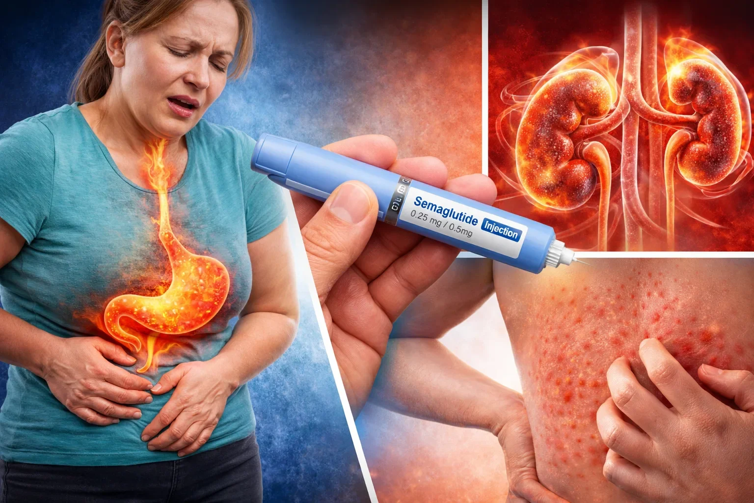 Semaglutide side effects illustration showing nausea, stomach issues, kidney complications, and skin reactions from weight loss injection use