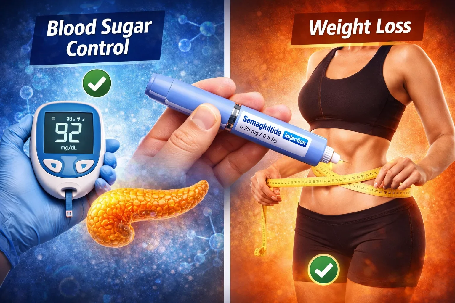 Semaglutide benefits illustration showing blood sugar control and weight loss with glucose meter, pancreas, and body fat reduction measurement