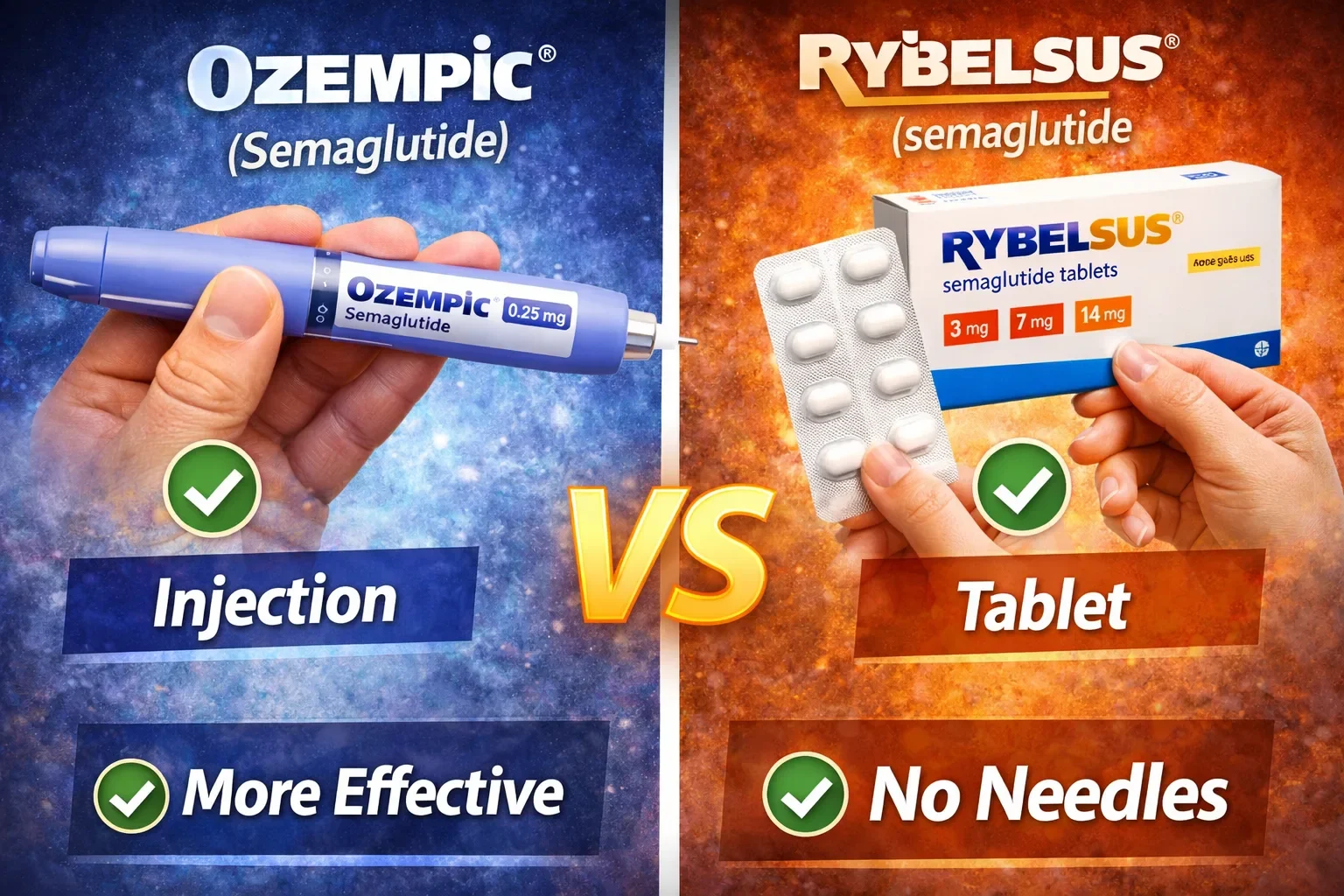 Ozempic vs Rybelsus comparison showing semaglutide injection vs tablet form highlighting effectiveness and no-needle option for weight loss and diabetes treatment