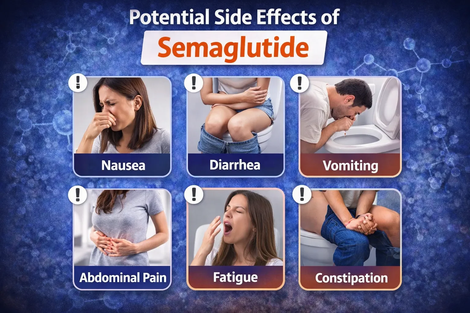 Semaglutide side effects infographic showing nausea, diarrhea, vomiting, abdominal pain, fatigue, and constipation symptoms in weight loss treatment
