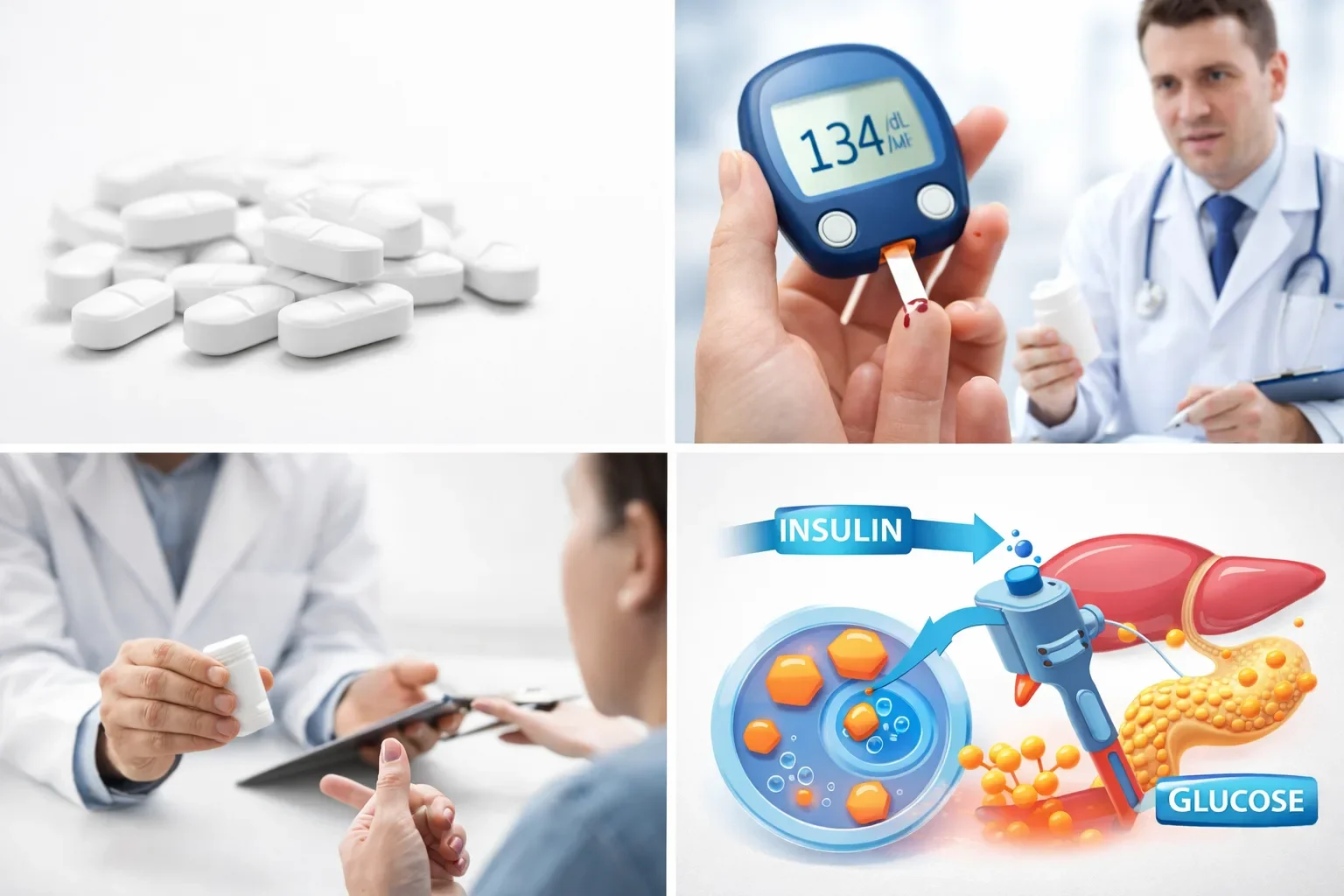 Metformin tablets with blood sugar testing and doctor consultation showing type 2 diabetes treatment process