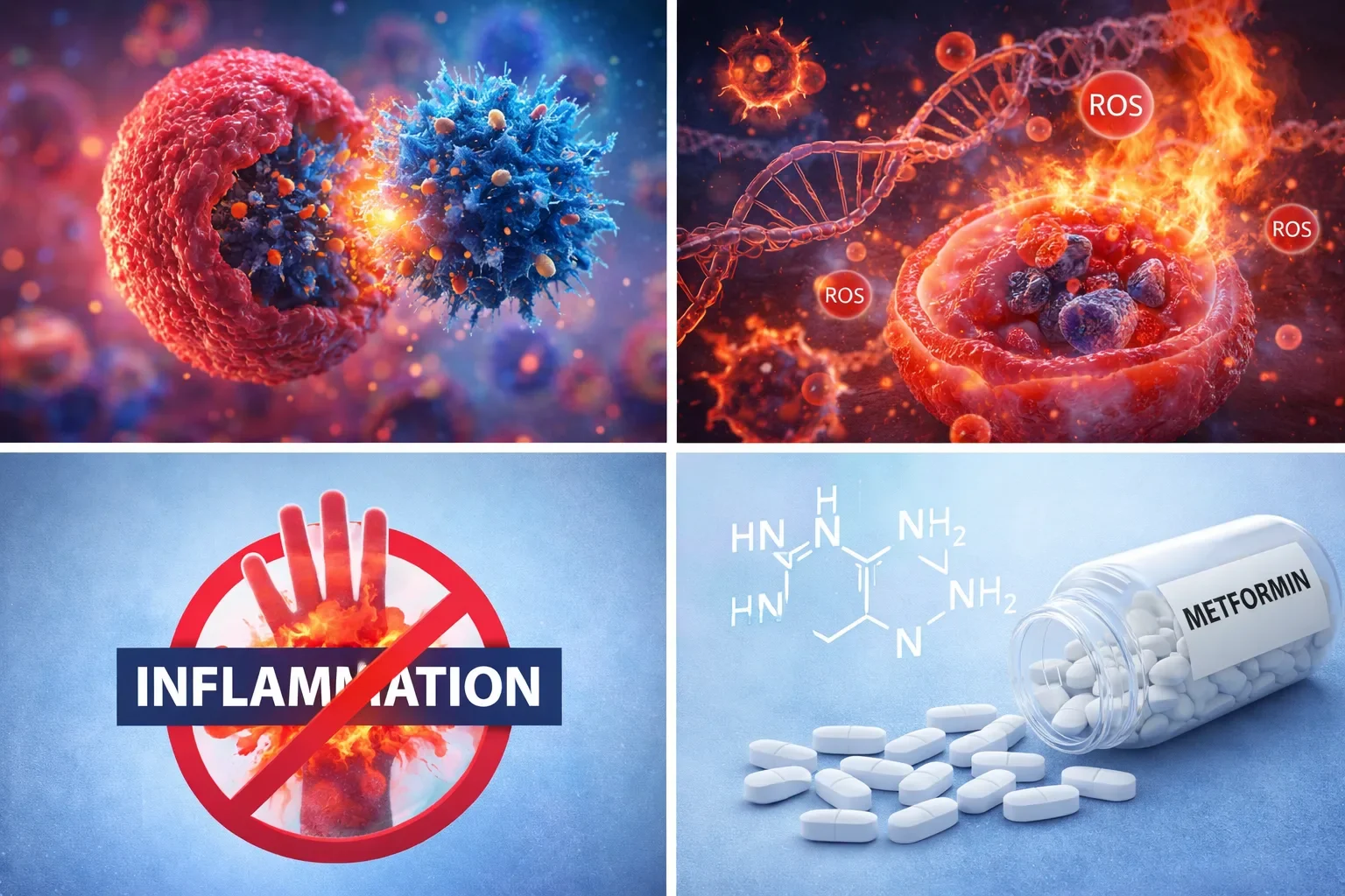 Metformin reducing inflammation and oxidative stress showing ROS damage control, immune response and cellular protection illustration
