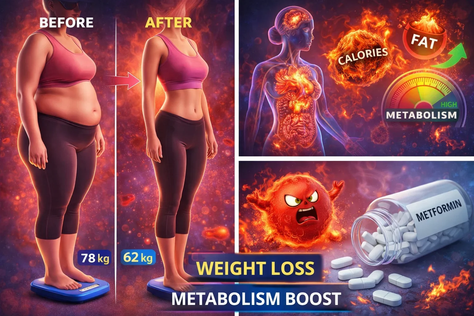 Metformin weight loss effect showing before after body transformation, fat burning, calorie reduction and improved metabolism illustration