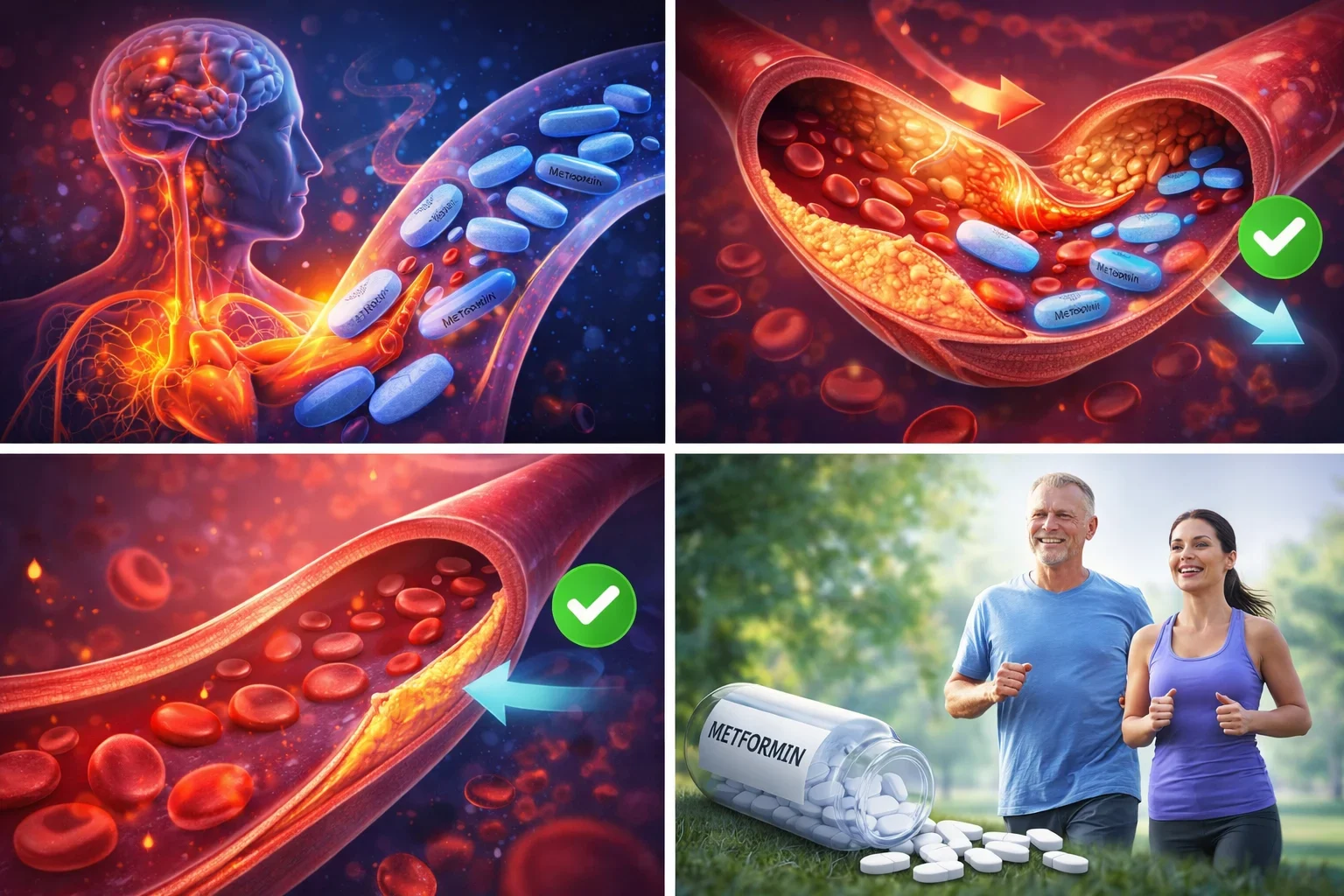 Metformin improving blood circulation and heart health showing clean arteries, reduced blockage and better blood flow illustration