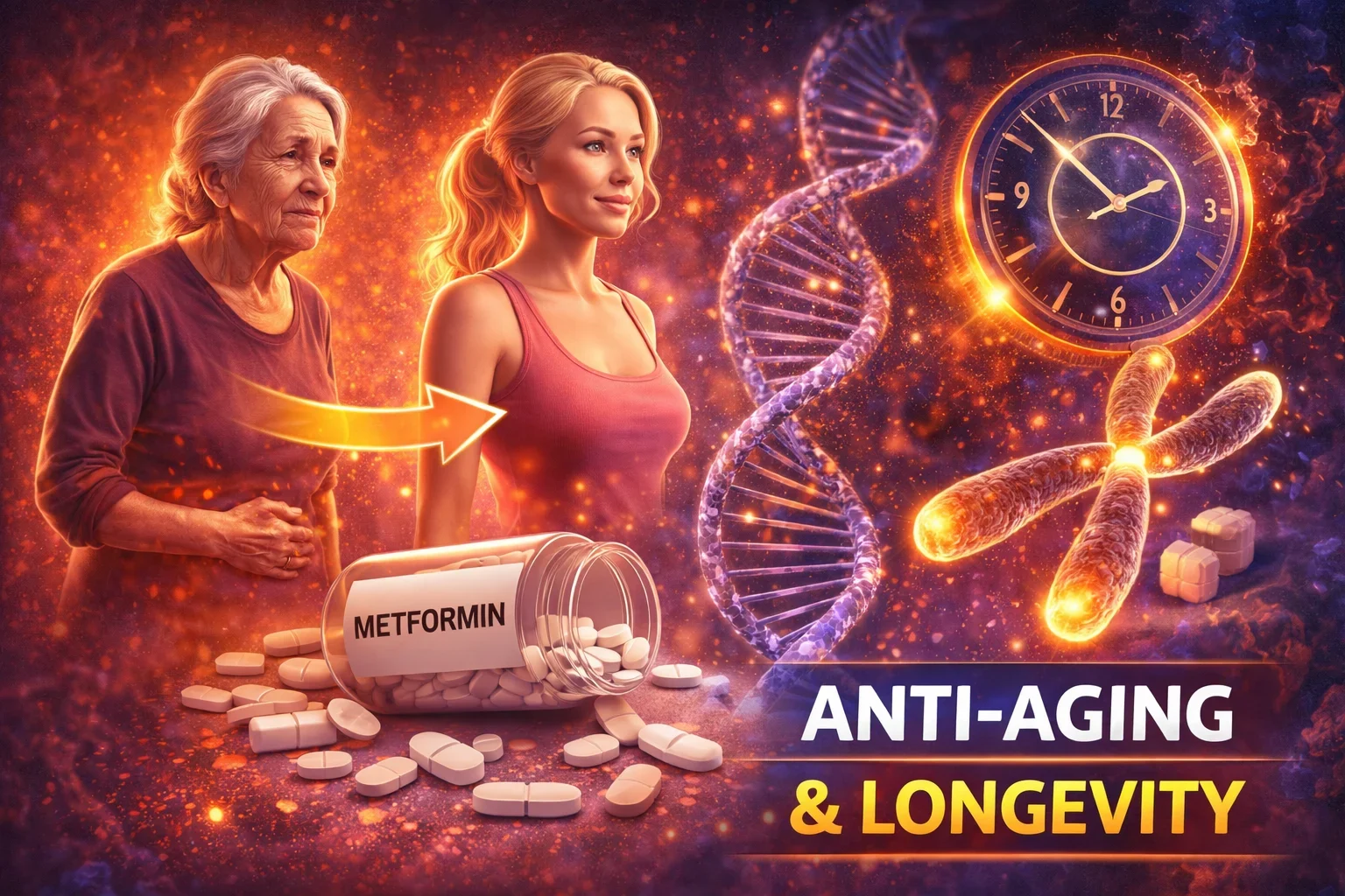 Metformin anti aging effect showing old to young transformation, DNA repair, cellular longevity and lifespan improvement concept”