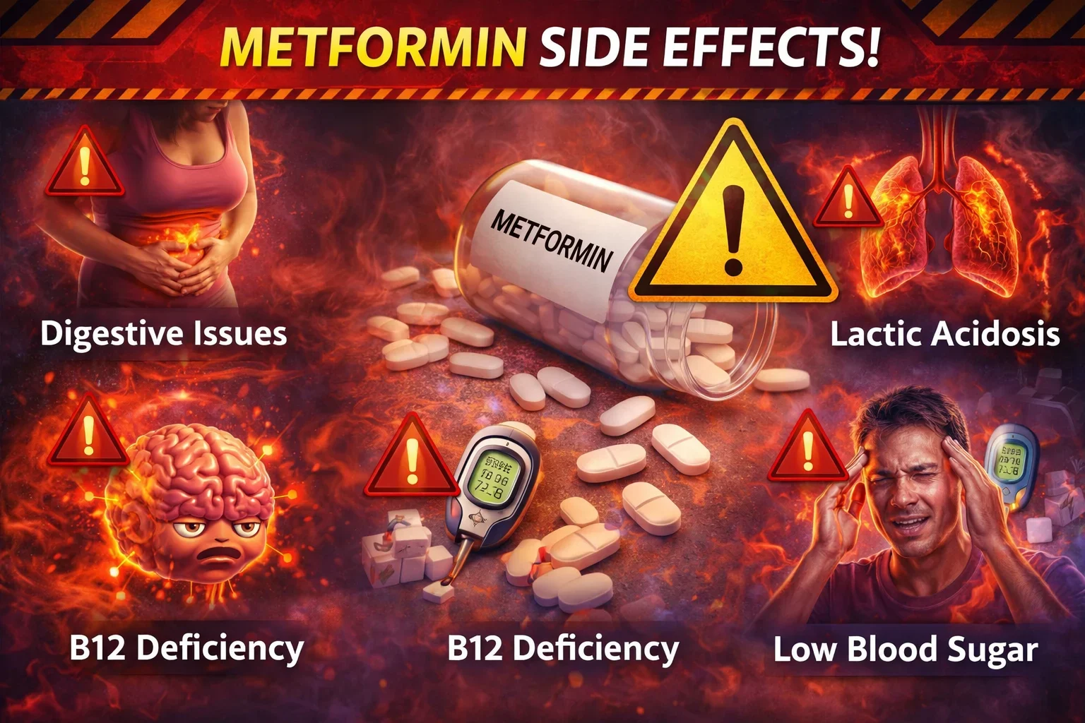 Metformin side effects illustration showing digestive issues, vitamin B12 deficiency, lactic acidosis risk and low blood sugar warning