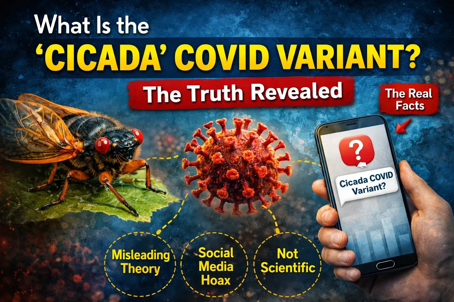 Illustration explaining Cicada COVID variant myth showing cicada insect, coronavirus model, and smartphone highlighting social media misinformation and non-scientific claims.