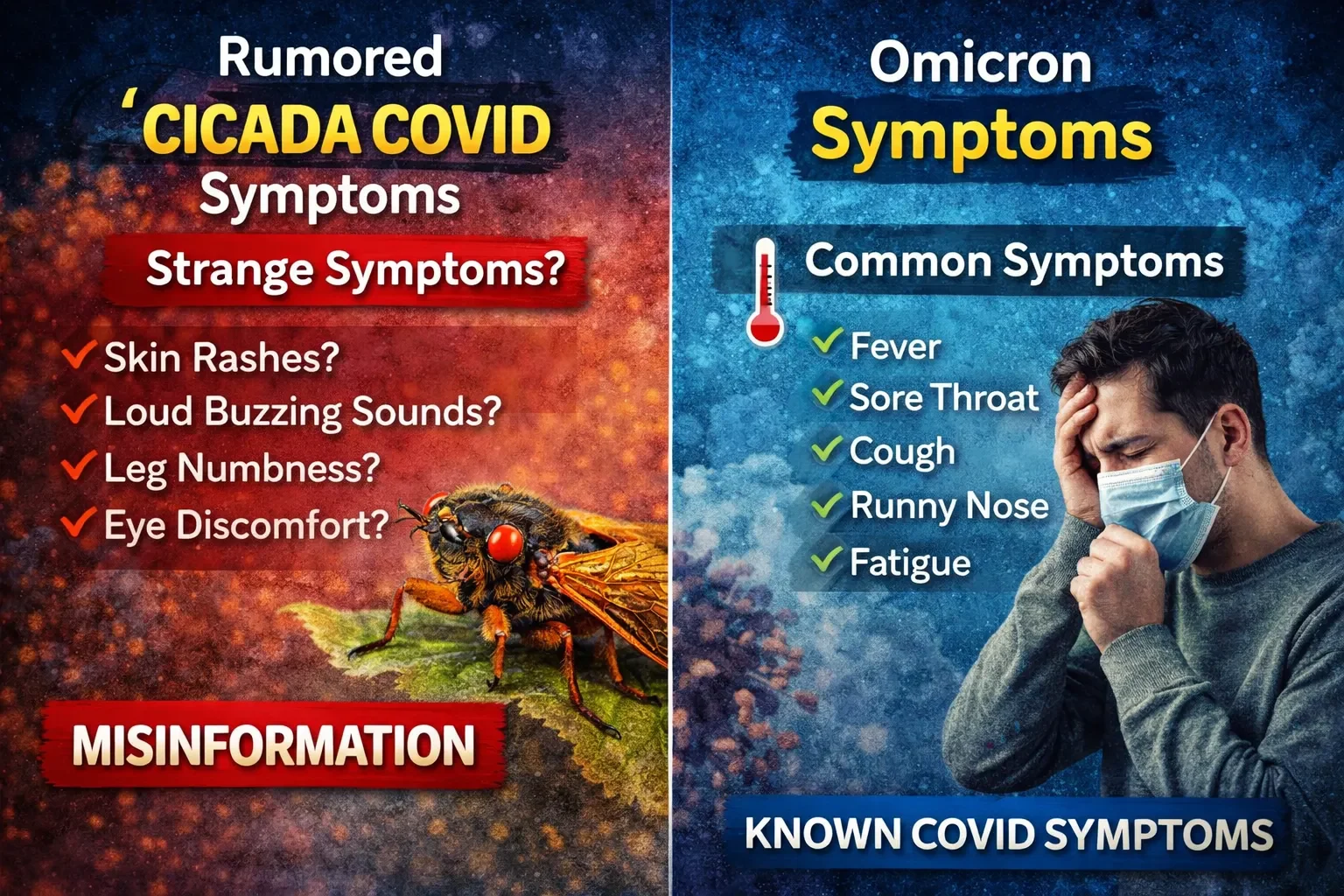 Infographic comparing rumored Cicada COVID symptoms with actual Omicron symptoms, highlighting misinformation versus common signs like fever, cough, sore throat, and fatigue.