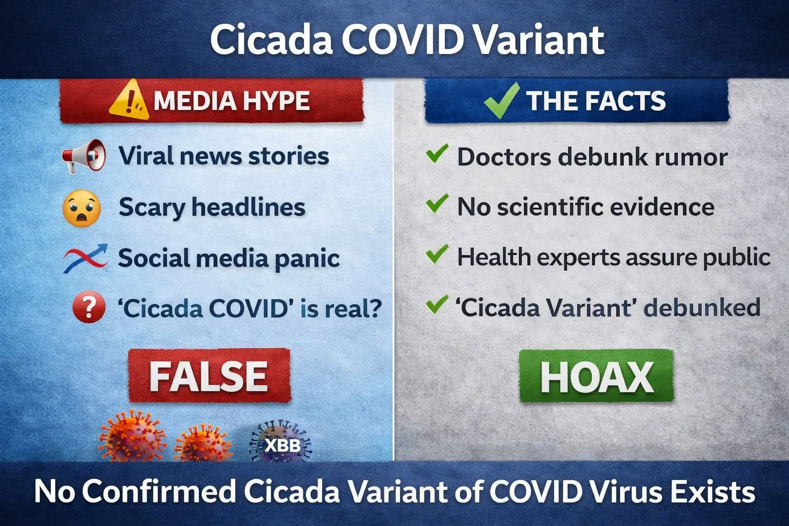 Infographic comparing media hype and actual facts about the Cicada COVID variant, showing it as a false rumor with no scientific evidence and debunked by experts.