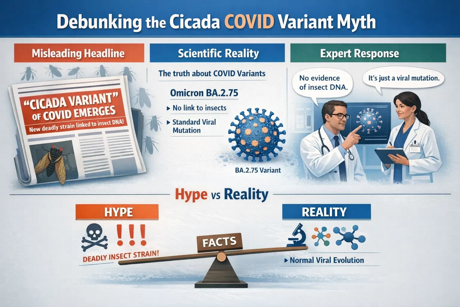 Cicada COVID variant myth, showing misleading headlines, scientific reality of Omicron variants, expert opinions, and comparison between hype and factual evidence.