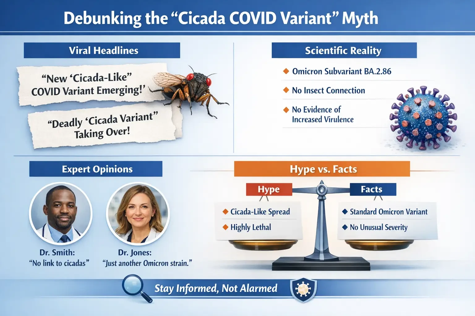 expert opinions and scientific facts about the Cicada COVID variant, comparing viral headlines with reality and showing no link to insects or increased severity.
