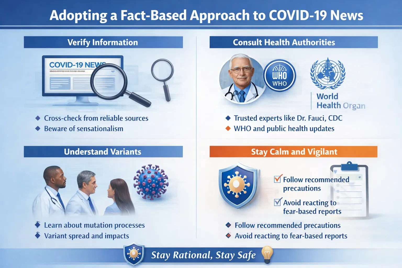 how to stay safe from COVID misinformation, including verifying information, consulting health authorities, understanding variants, and staying calm with proper precautions.