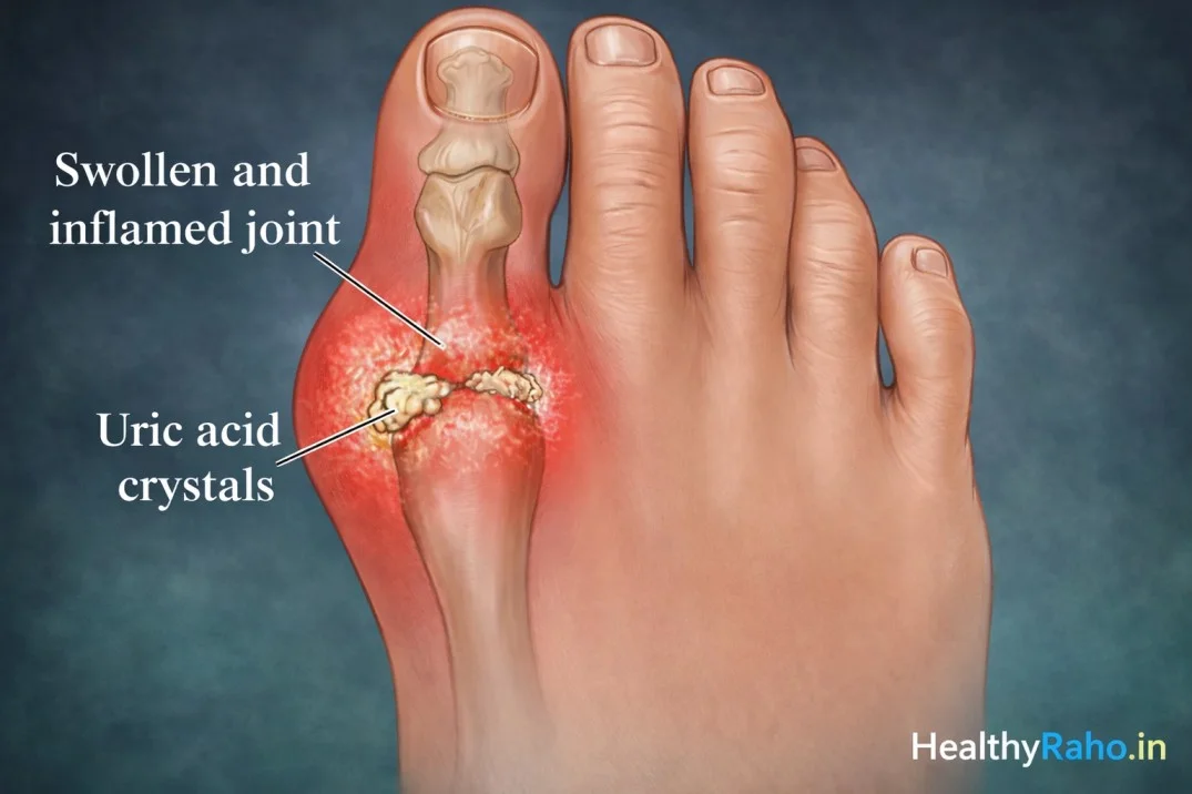 Uric acid crystals causing gout in big toe joint with swelling, redness, and inflammation illustration – HealthyRaho.in
