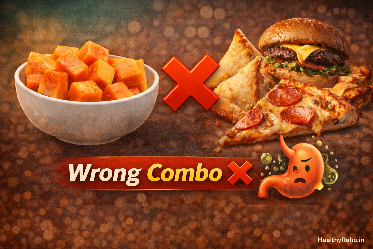 papaya wrong food combination heavy oily food pizza burger digestion problem gas bloating