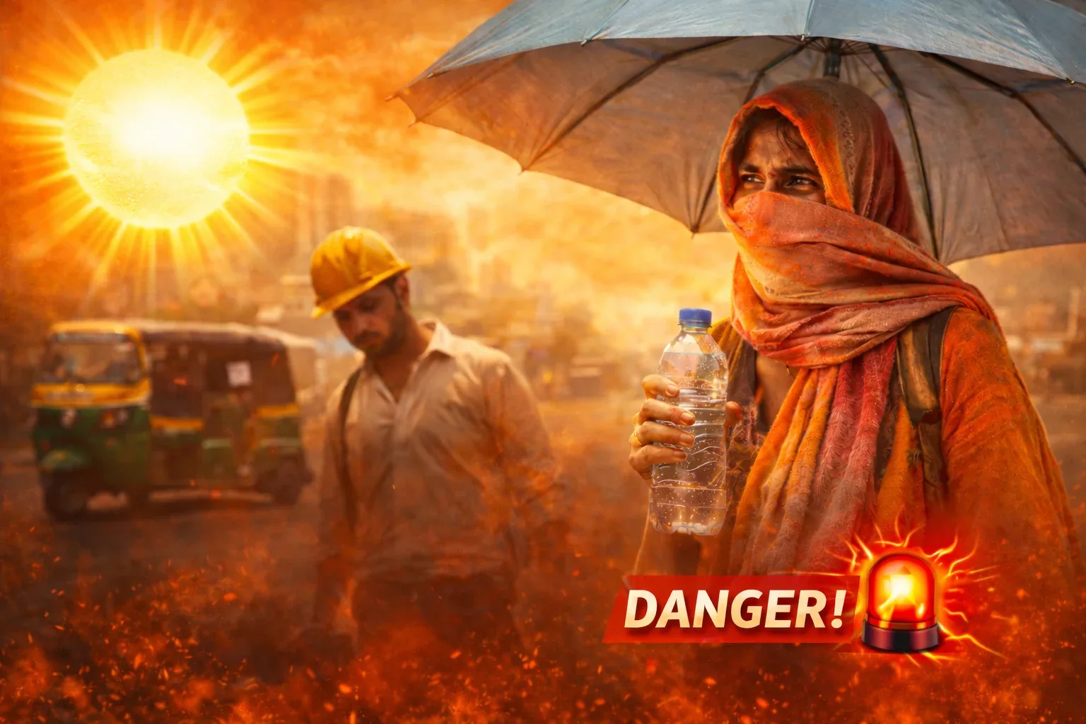 गर्मी में तेज धूप के दौरान एक महिला छाता और पानी की बोतल के साथ खुद को बचाते हुए, 10 बजे से 4 बजे के बीच बाहर निकलने के खतरे को दर्शाता दृश्य