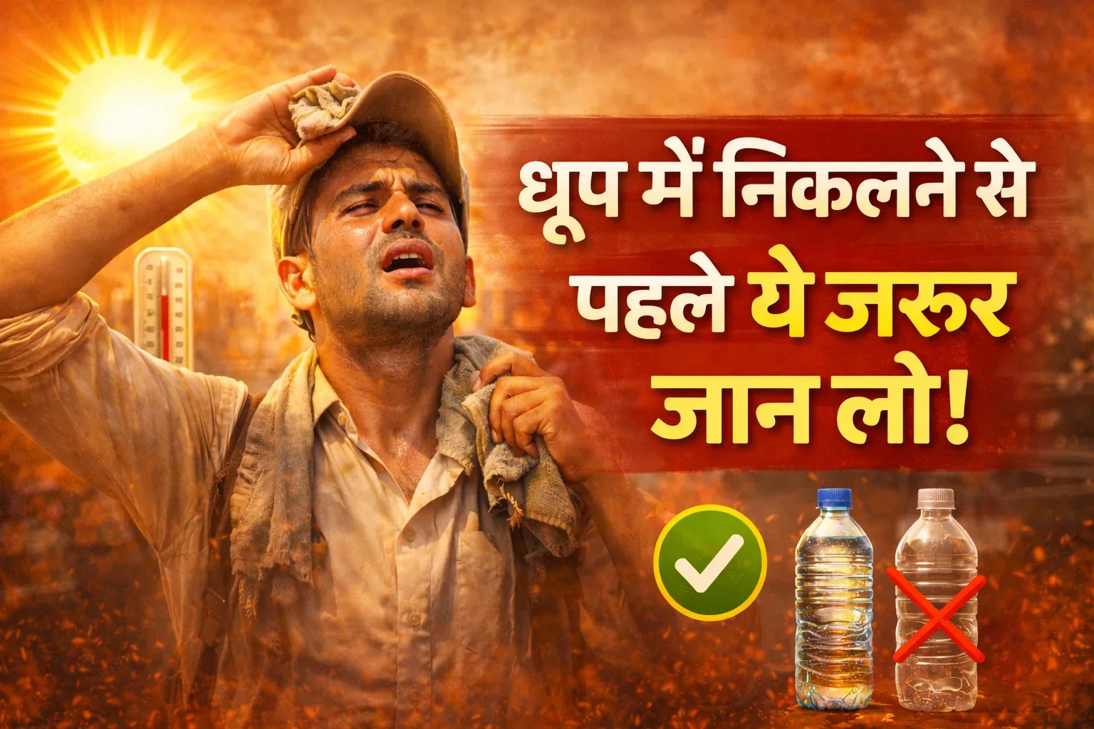 तेज गर्मी में सिर ढककर खुद को बचाते हुए पसीने से भीगा व्यक्ति, धूप से बचाव के लिए सिर और गर्दन कवर करने की आवश्यकता को दर्शाता दृश्य