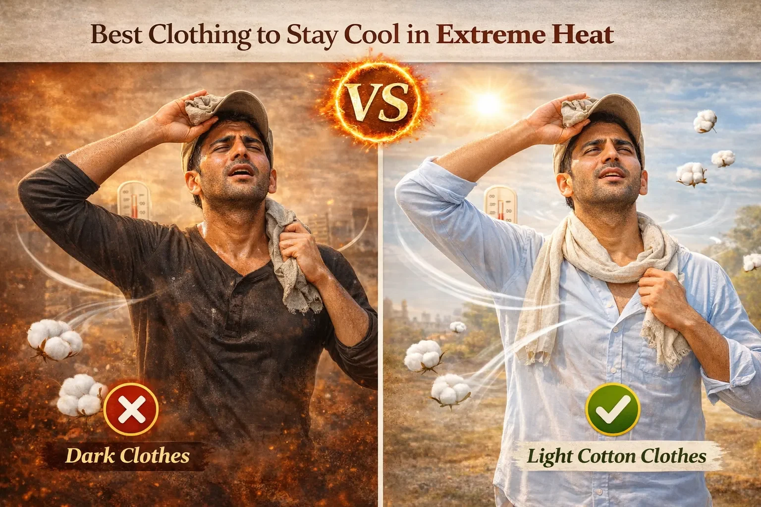 गर्मी में गहरे और हल्के कपड़ों की तुलना दिखाता चित्र, जिसमें हल्के कॉटन कपड़े शरीर को ठंडा रखने और गर्मी से बचाव में बेहतर दिखाए गए हैं
