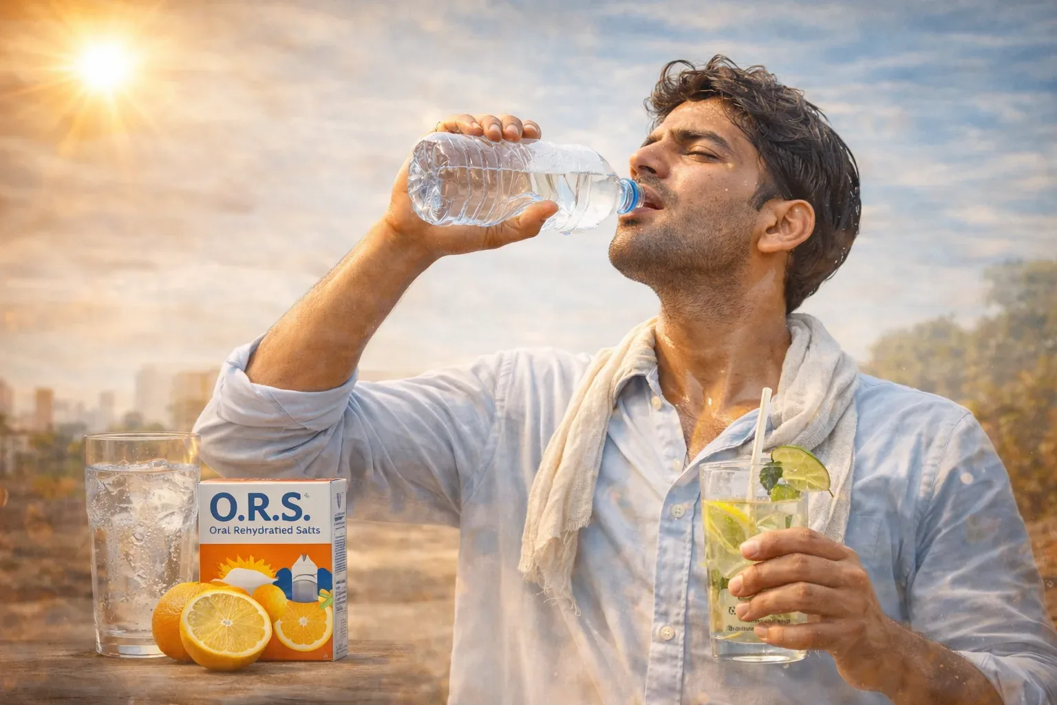 गर्मी में पसीने से भीगा व्यक्ति पानी, ORS और नींबू पानी पीकर शरीर को hydrate करते हुए, electrolyte balance और dehydration से बचाव को दर्शाता दृश्य